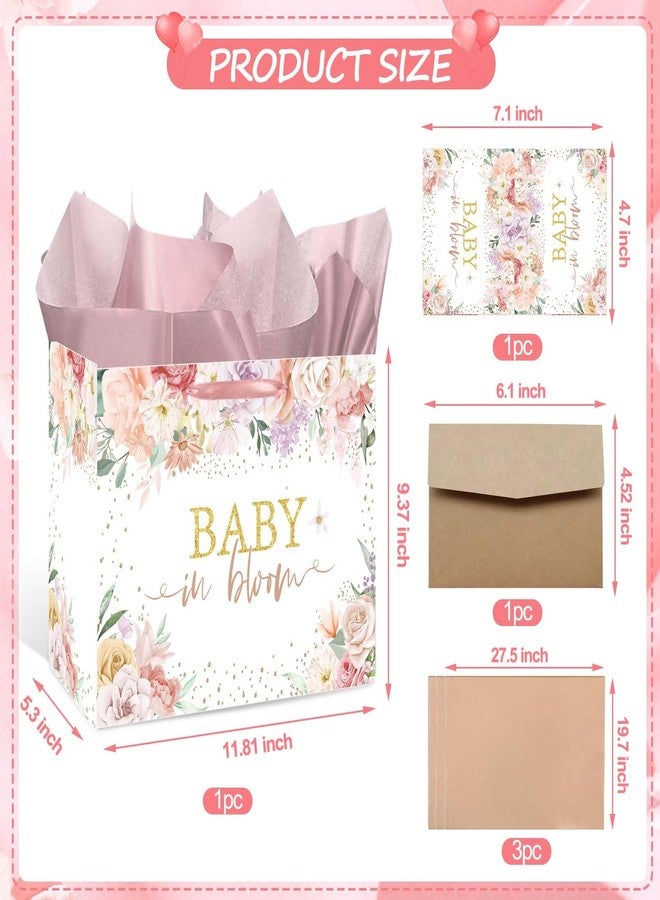 GOLDCROW Baby Gift Bag Large Floral Baby in Bloom Gift Bag with Tissue Paper and Card with Envelope for Baby Girl Gifts, Birthday Kids – Pink Baby Shower Wrapping Paper for Baby Shower Party Decorations - Image 5